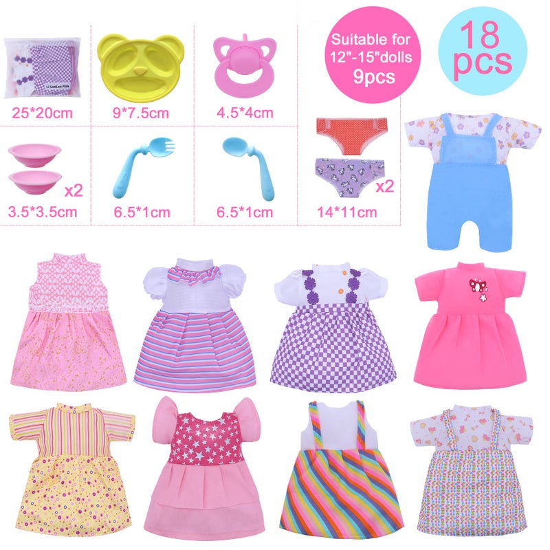 Digabi Baby Doll Clothes - Fits 12'' 13'' 14'' 15'' Girl Baby Dolls Clothes 360Â°Sewing Dresses for with Dolls Diapers, Nipple, and Doll Accessories Pack of 18 Bag Set - Image 4